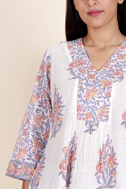 Cotton Kurta Pant And Dupatta Set In Block Print